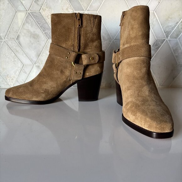 PAIGE Shoes - Paige Size 9 Tan Suede Ankle Bootie Zipper Edie Ankle Biker Boot with Buckle